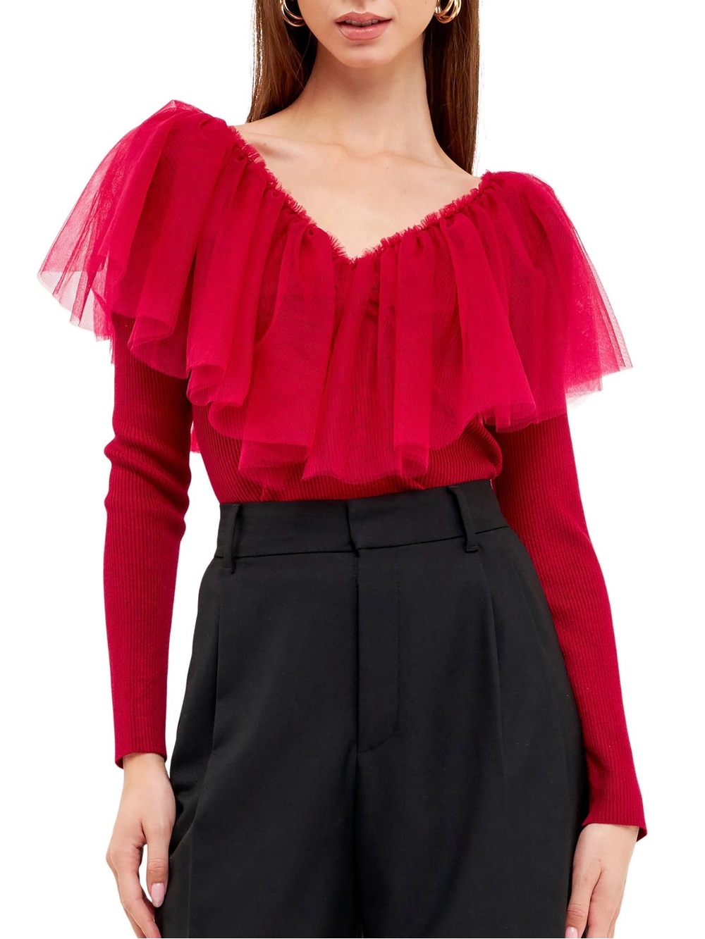 ENDLESS ROSE Red Ribbed Knit Sweater Sheer Tulle Ruffle Off Shoulder Coquette